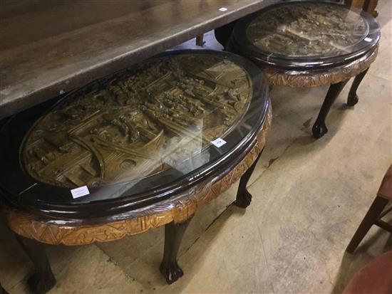 Pair Chinese oval carved tables